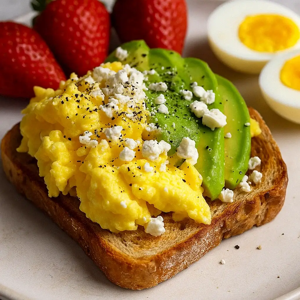 Avocado Toast with Scrambled Eggs and Salad