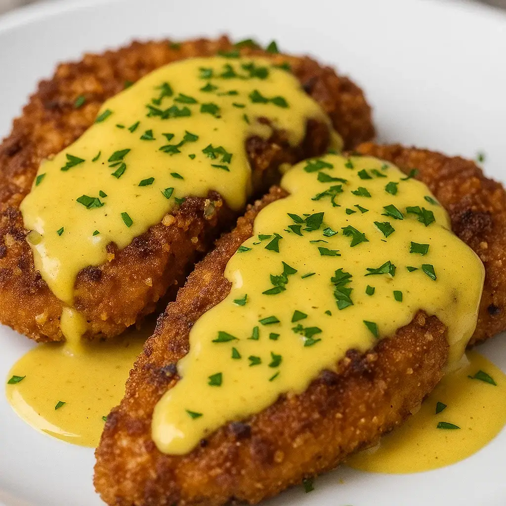 Pretzel Crusted Chicken with Cheddar Mustard Sauce