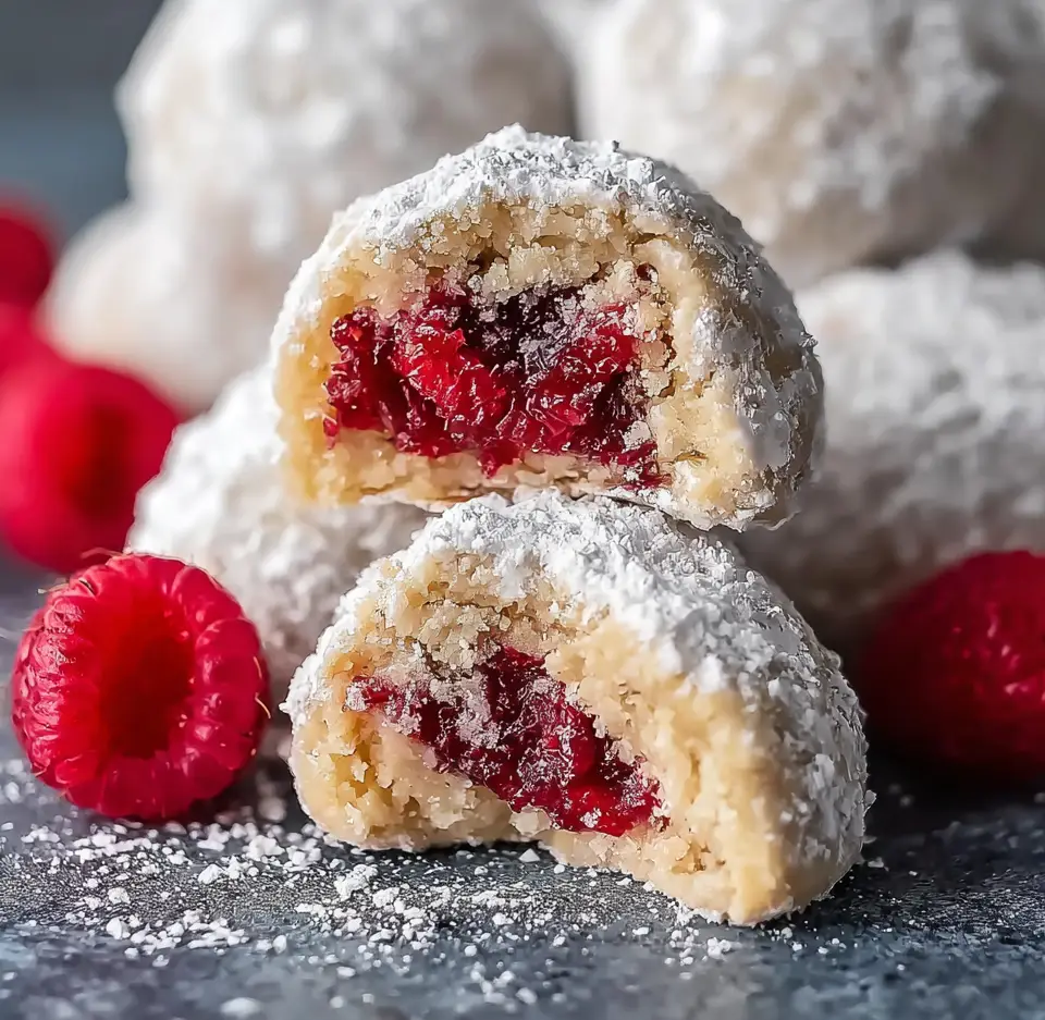 Raspberry Filled Almond Snowball Cookies