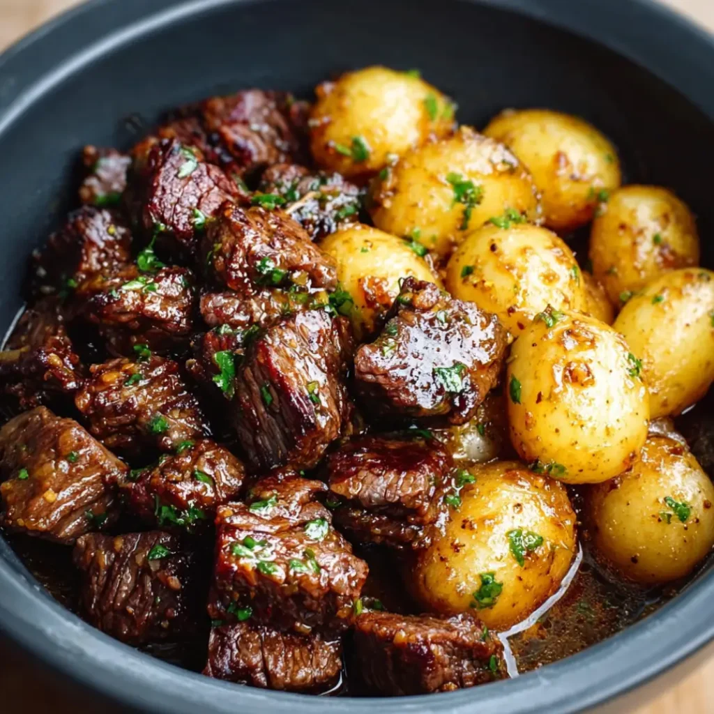 slow cooker garlic butter beef bites with potatoes