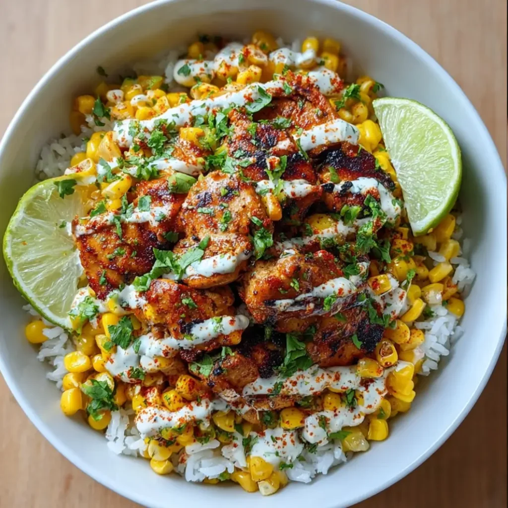 street corn chicken and rice bowls
