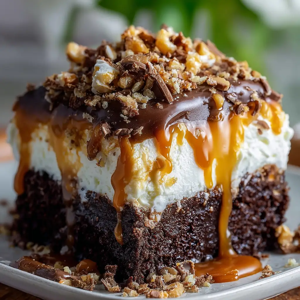 Chocolate Caramel Toffee Poke Cake