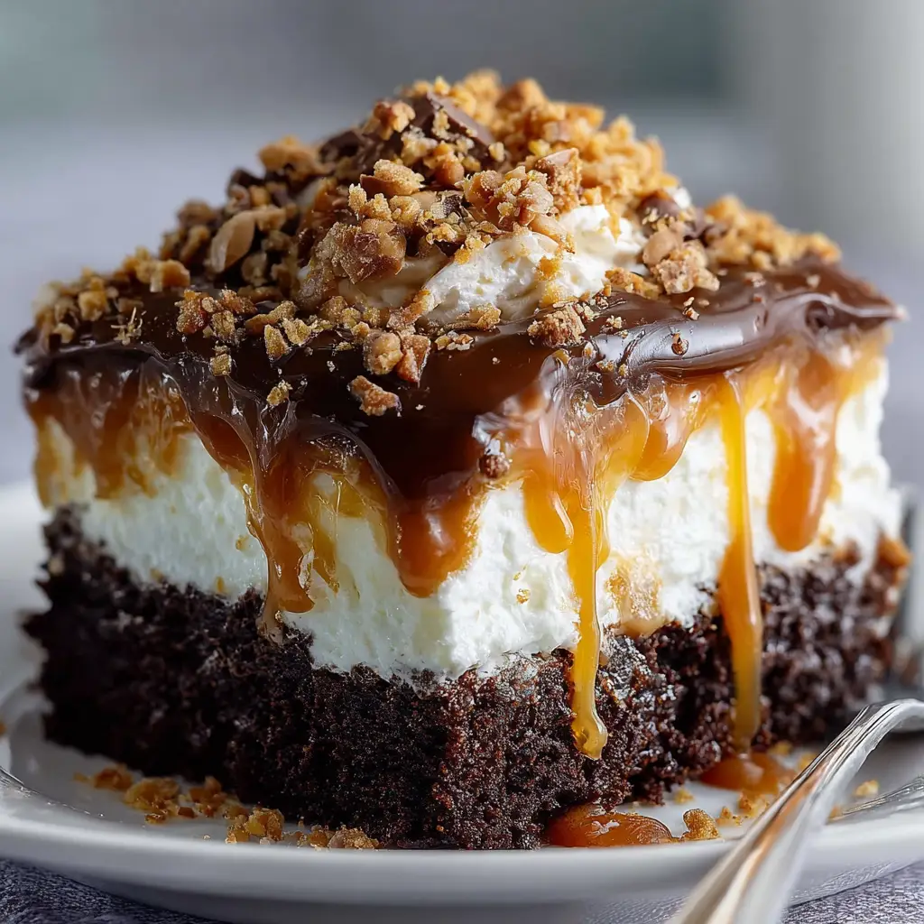 Chocolate Caramel Toffee Poke Cake