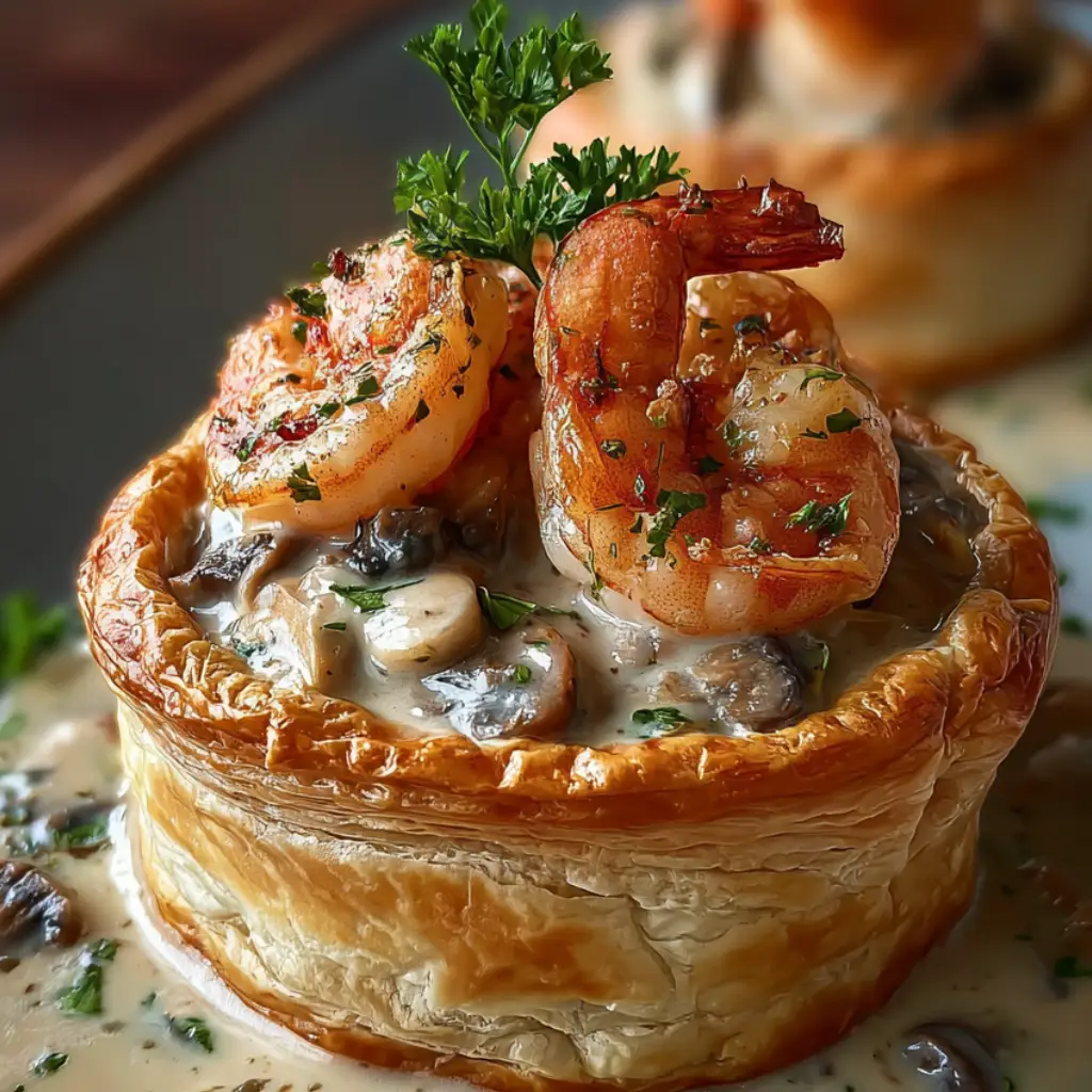 Shrimp & Mushroom Vol-au-Vent in Creamy Garlic Sauce