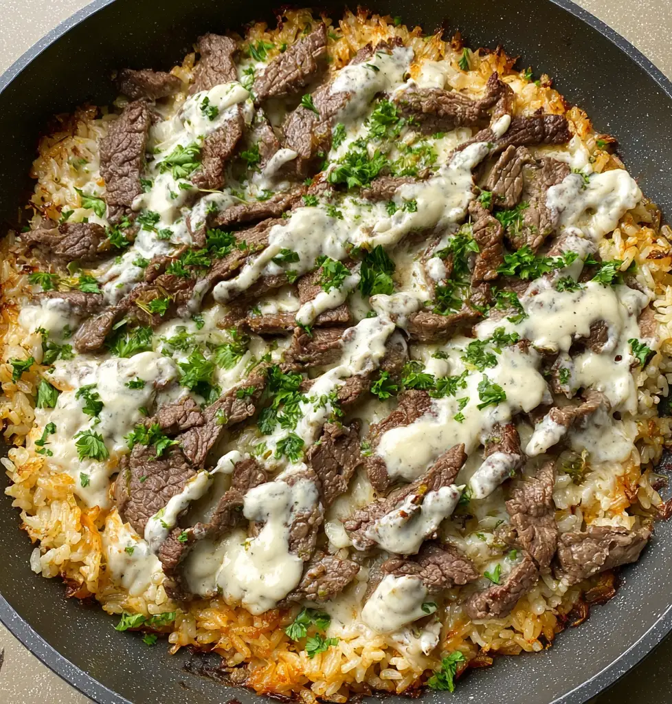 Steak Cheese & Rice Skillet